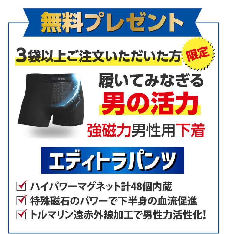 無料プレゼント 3袋以上ご注文いただいた方限定 履いてみなぎる男の活力強磁力男性用下着エディトラパンツ